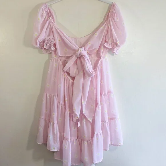 Lucy in the Sky Pink Ruffled Babydoll Dress Floral Daisy Puff Sleeves Sz Medium - Picture 5 of 11